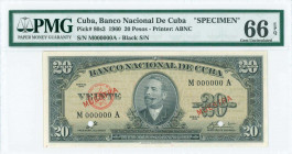 CUBA: Specimen of 20 Pesos (1960) in black on olive unpt with portrait of A Maceo at center. Black S/N: "M 000000 A". Two diagonal red ovpts "MUESTRA"...