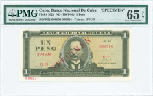 CUBA: Specimen of 1 Peso (1967) in olive-green on ochre unpt with portrait J Marti at center. Red diagonal ovpt "SPECIMEN" at center. S/N: "R21 000000...