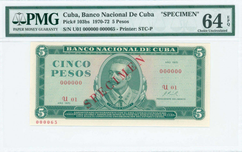 CUBA: Specimen of 5 pesos (1970) in dull deep green on pink unpt with portrait A...