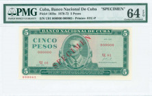 CUBA: Specimen of 5 pesos (1970) in dull deep green on pink unpt with portrait A Maceo at center. Red ovpt "SPECIMEN" at center. S/N: "U01 000000". Pr...