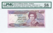 EAST CARIBBEAN STATES / ANTIGUA: 20 Dollars (ND 1987-88) in purple and brown on multicolor unpt with portrait of Queen Elizabeth II at center right. S...
