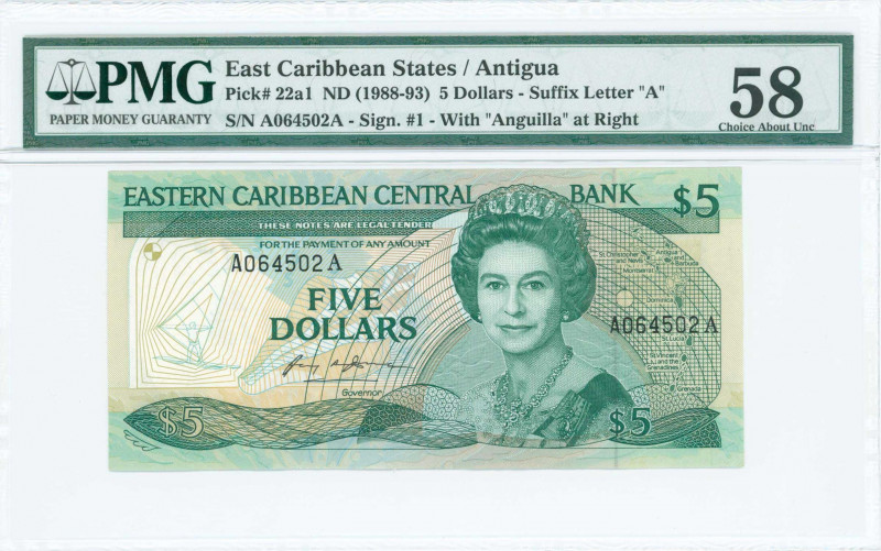 EAST CARIBBEAN STATES / ANTIGUA: 20 Dollars (ND 1987-88) in deep green on multic...