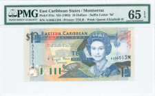 EAST CARIBBEAN STATES / MONTSERRAT: 10 Dollars (ND 1993) in dark blue, black and red on multicolor unpt with Queen Elizabeth II at center right. S/N: ...