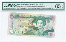 EAST CARIBBEAN STATES / ST LUCIA: 5 Dollars (ND 1994) in dark green, black and violet on multicolor unpt with Queen Elizabeth II at center right. S/N:...