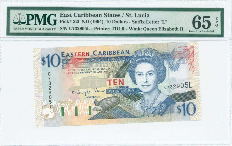 EAST CARIBBEAN STATES / ST LUCIA: 10 Dollars (ND 1994) in dark blue, black and r...