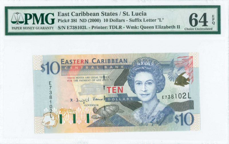 EAST CARIBBEAN STATES / ST LUCIA: 10 Dollars (ND 2000) in blue and black on mult...