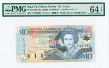EAST CARIBBEAN STATES / ST LUCIA: 10 Dollars (ND 2000) in blue and black on multicolor unpt with portrait of Queen Elizabeth II at center right. S/N: ...