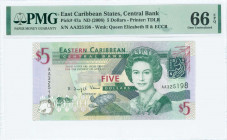 EAST CARIBBEAN STATES: 5 Dollars (ND 2008) in green, dark green and slate blue on multicolor unpt with Queen Elizabeth II at center right. S/N: "AA 32...