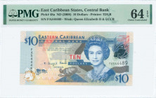 EAST CARIBBEAN STATES: 10 Dollars (ND 2008) in blue and black on multicolor unpt with Queen Elizabeth II at center right. S/N: "FA 544489". WMK: Queen...