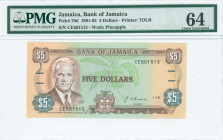 JAMAICA: 5 Dollars (1.7.1991) in dark brown, green and blue-gray on multicolor unpt with Norman Manley at left and Arms at bottom center. S/N: "CE 501...