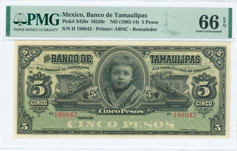 MEXICO: Remainder of 5 Pesos (ND 1902-1914) by Banco de Tamaulipas in black on g...