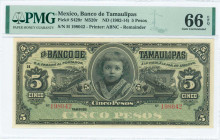 MEXICO: Remainder of 5 Pesos (ND 1902-1914) by Banco de Tamaulipas in black on green unpt with portrait of Guadelupe Obregon (as child) at center. S/N...