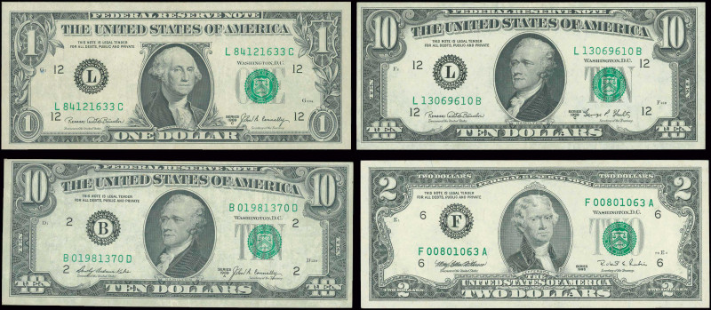 USA: Lot of 4 banknotes inclunding 1 Dollar (1969) + 10 Dollars (1969) + 10 Doll...