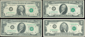 USA: Lot of 4 banknotes inclunding 1 Dollar (1969) + 10 Dollars (1969) + 10 Dollars (1969) + 2 Dollars (1995). (Pick 449a+451+451+497). Very Fine plus...