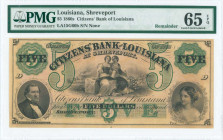 USA / OBSELETE CURRENCY: Remainder of 5 Dollars (Patented 30.6.1857) by Citizens Bank of Louisiana at Shreveport in black and green on ochre unpt with...