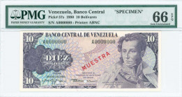 VENEZUELA: Specimen of 10 Bolivares (29.1.1980) in purple on multicolor unpt with Antonio Jose de Sucre at right. Diagonal red ovpt "MUESTRA" at cente...