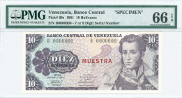 VENEZUELA: Specimen of 10 Bolivares (6.10.1981) in purple on light blue and multicolor unpt with Antonio Jose de Sucre at right. Horizontal red ovpt "...