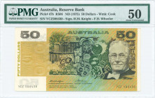 AUSTRALIA: 50 Dollars (ND 1975) in dark brown on multicolor unpt with Lord Howard Walker Florey at right. S/N: "YCZ 588430". WMK: James Cook. Signatur...