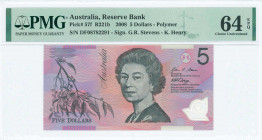 AUSTRALIA: 5 Dollars (2008) in black, red and blue on multicolor unpt with Queen Elizabeth II at center right. S/N: "DF 08782291". Signatures by Steve...