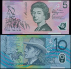 AUSTRALIA: 5 Dollars (2012) + 10 Dollars (2013). S/N: "CB 12190049" and "CE 13371896". Printed by NPA (without imprint). (Pick 57g+58g) & (Spink RBA B...