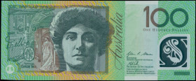 AUSTRALIA: 100 Dollars (2013) in black and green on orange and multicolor unpt with Dame Nellie Melba at center. S/N: "BH 13425835". WMK: Arms. Printe...