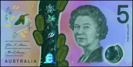AUSTRALIA: 5 Dollars (2016) in yellow, pink and violet with Queen Elizabeth II at right. S/N: "EB 160438740". (Pick 62). Uncirculated.