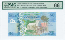 COOK ISLANDS: 50 Dollars (ND 1992) in blue and green on multicolor unpt with worshipers at church and cemetery at center. S/N: "AAA 047813". WMK: Sea ...