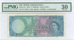 FIJI: 5 Shillings (1.12.1962) in gray-blue on lilac, green and blue unpt with Arms at upper center and portrait of Queen Elizabeth II at right. S/N: "...