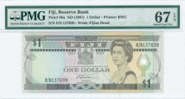 FIJI: 1 Dollar (ND 1987) in gray on multicolor unpt with portrait of Queen Elizabeth II at right. S/N: "D/9 137699". WMK: Fijians head. Printed by BWC...