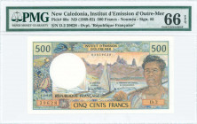 NEW CALEDONIA: 500 Francs (ND 1969-1992) in blue, brown and multicolor with fisherman at right. S/N: "D.2 39628". Black ovpt "REPUBLIQUE FRANCAISE" at...