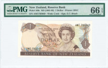 NEW ZEALAND: 1 Dollar (ND 1989-1992) in dark brown on multicolor unpt with portrait of Queen Elizabeth II at center right. S/N: "AMT 780649". WMK: Cap...