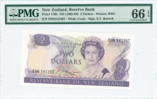 NEW ZEALAND: 2 Dollars (ND 1985-1989) in purple on multicolor unpt with portrait of Queen Elizabeth II at center right. S/N: "EHN 541207". WMK: Captai...
