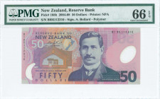 NEW ZEALAND: 50 Dollars (2005) in purple and multicolor with Sir Apirana Ngata at center. S/N: "BI 05112310". WMK: Queen Elizabeth II. Signature by Bo...