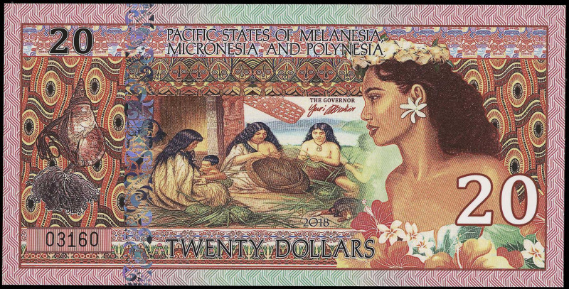 PACIFIC STATES: 20 Dollars (2018) polymer banknote of Melanesia, Micronesia and ...