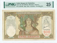 TAHITI: 100 Francs (ND 1963-65) in brown and multicolor with woman wearing wreath and holding small figure of Athena at center. S/N: "L.230 990". WMK:...