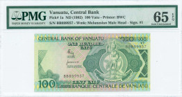 VANUATU: 100 Vatu (ND 1982) in dark green on multicolor unpt with Arns with Melanesian chief standing at center right. S/N: "BB 899957". WMK: Melanesi...