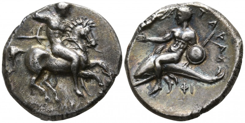 Calabria. Tarentum 332-302 BC.
Nomos AR

21mm., 7,50g.

Nude warrior, on ho...