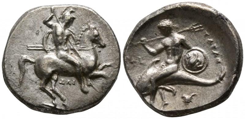 Calabria. Tarentum 302-290 BC.
Nomos AR

21mm., 7,67g.

Nude warrior, holdi...