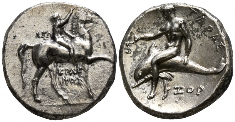Calabria. Tarentum circa 302-280 BC.
Nomos AR

21mm., 7,68g.

Youth on hors...