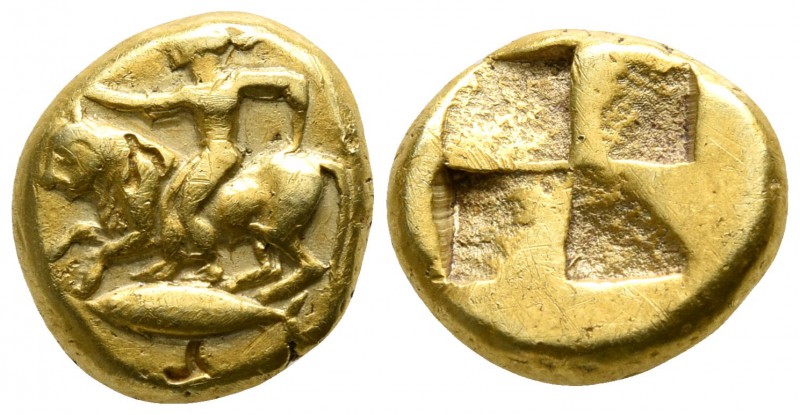 Mysia. Kyzikos 500-450 BC.
Hekte EL

10mm., 2,65g.

Europa riding bull left...