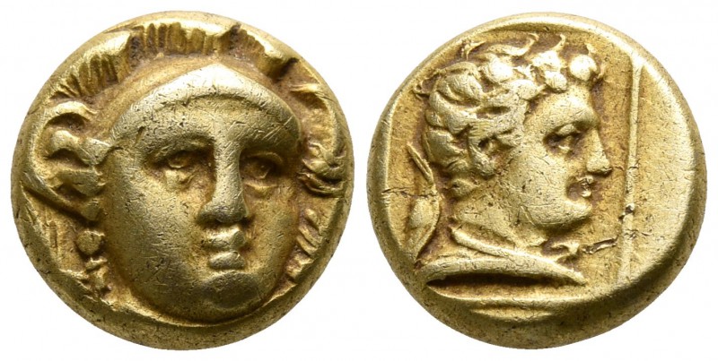 Lesbos. Mytilene 377-326 BC.
Hekte EL

9mm., 2,51g.

Helmeted head of Athen...