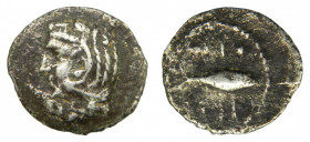 Gadir (Cádiz). 300-200 aC. Hemidracma. AR. Anv.: Cabeza de Melkart a izquierda recubierta con piel de león. Rev.: Atún a derecha entre leyenda púnica....