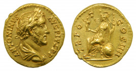 Antonino Pio (138-161 dC). Áureo. AU. Anv.: ANTONINVS AVG PIVS PP. Retrato del emperador. Rev.: TR POT COS IIII. Roma sentada. 7,18 g. S 4025; RIC-147...