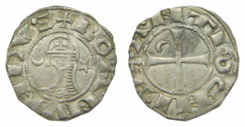 CRUZADAS. Principado de Antioquia. Bohemundo III (1163-1201). Dinero. Anv.: +BOAMVNDVS. Cabeza con malla y casco, entre creciente y estrella. Rev.: + ...