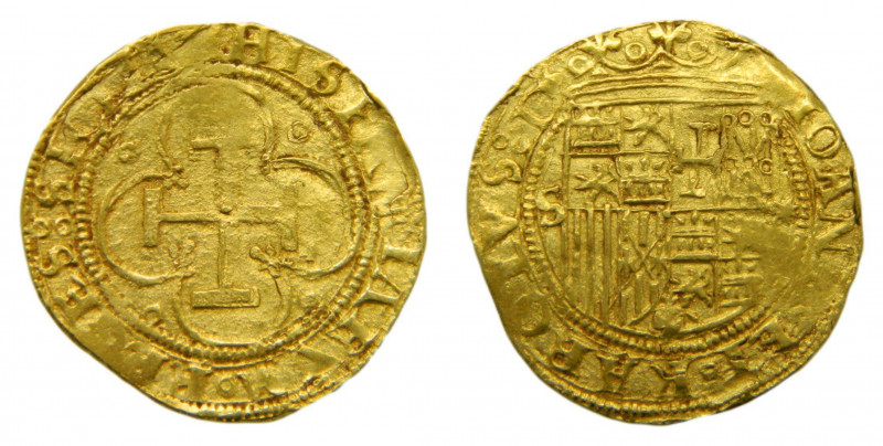 CASTILLA Y LEÓN. Juana y Carlos (1516-1555). 1 Escudo. AU. Sevilla. Marca estrel...
