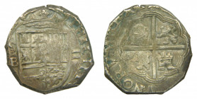 CASTILLA Y LEÓN. Felipe II (1556-1598). 2 Reales. AR. Tipo Omnium, sin fecha visible (1597-1598). Sevilla. Ensayador B. 6,81 g. AC 425/426). 
mbc-