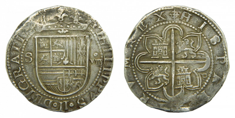 CASTILLA Y LEÓN. Felipe II (1556-1598). 8 Reales. AR. s/f. Sevilla. Ensayador D ...