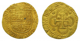 CASTILLA Y LEÓN. Felipe II (1556-1598). 2 Escudos. AU. s/f. Sevilla. Ensayador D cuadrada bajo S. Var. con el ordinal II del rey. 6,77 g. AC 828. Muy ...