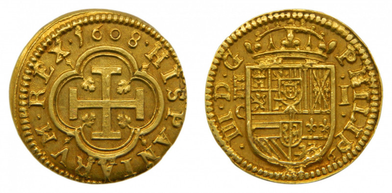 CASTILLA Y LEÓN. Felipe III (1598-1621). 1 Escudo. AU. 1608. Ingenio de Segovia....
