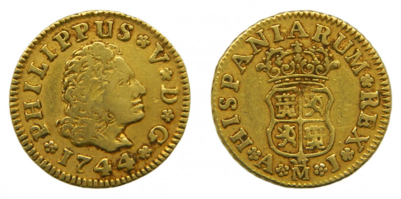 ESPAÑA. Felipe V (1700-1746). 1744. AJ. 1/2 escudo. Madrid. (AC 1637). 1,76 g Au...